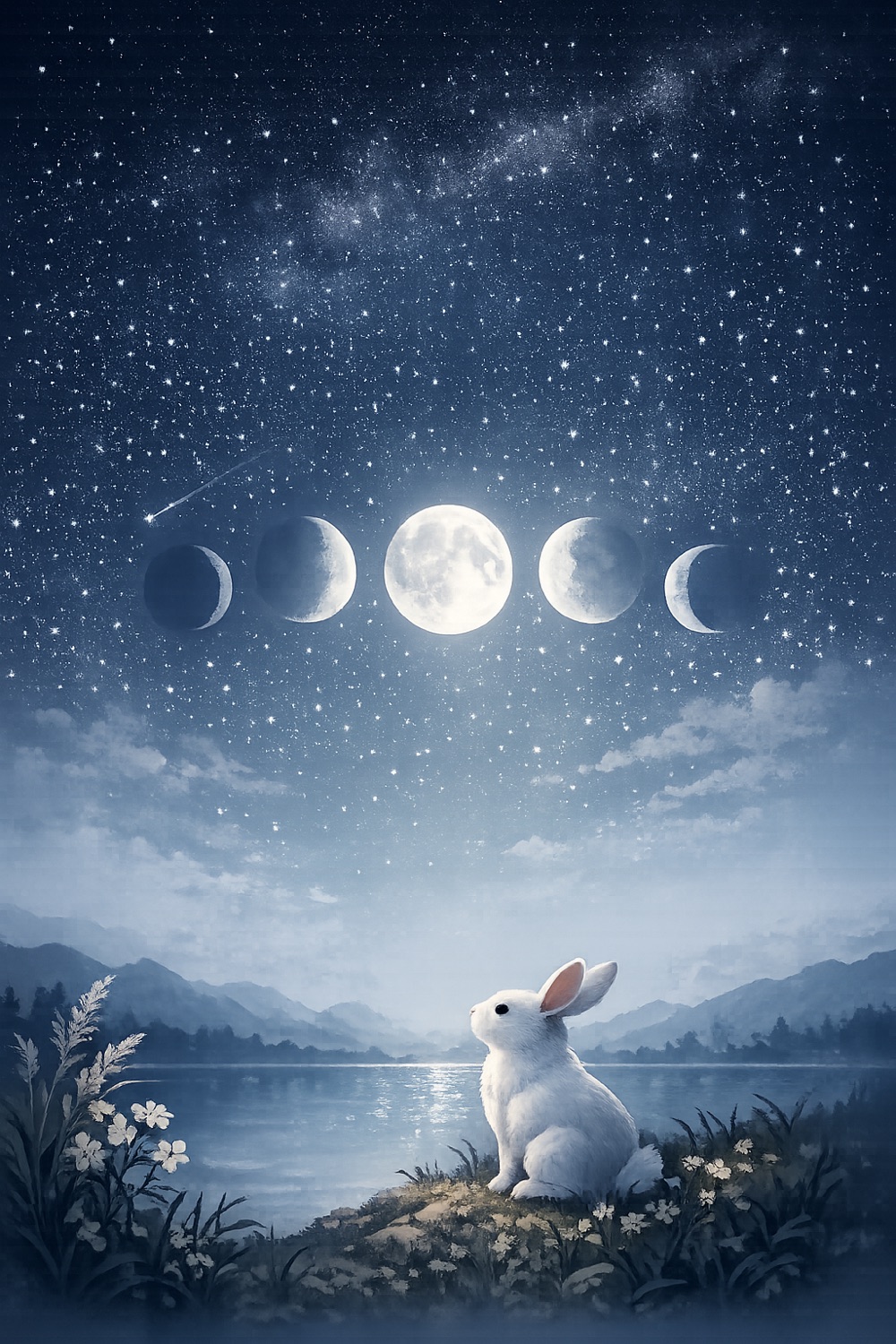 Un conejo blanco contempla las fases de la luna sobre un lago estrellado de noche